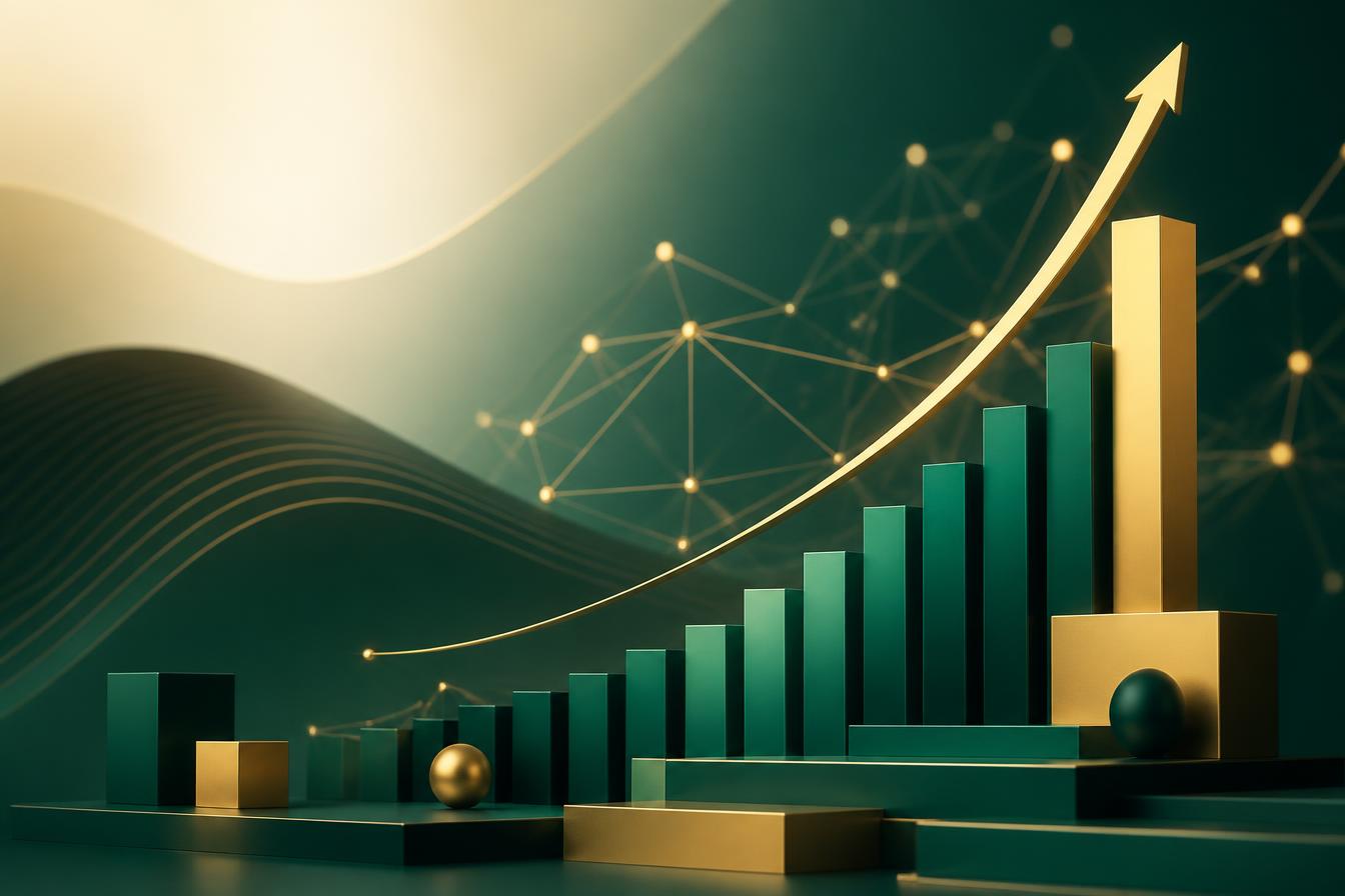 Abstract digital growth concept with emerald and gold charts representing marketing success
